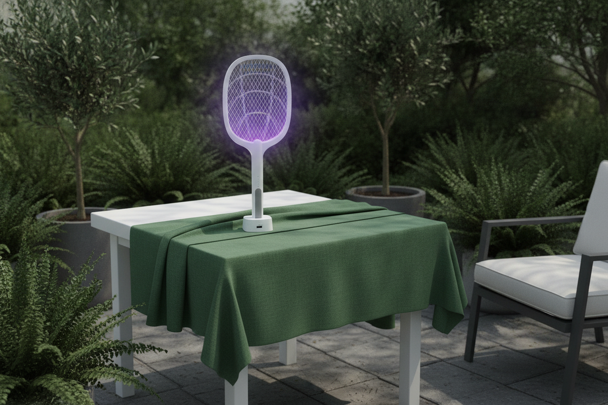 Electric Rechargeable Mosquito Killer Racket on a white patio table with green accents in a modern outdoor setting.