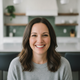 Portrait of a smiling North American woman in her late 30s, with a blurred kitchen background.