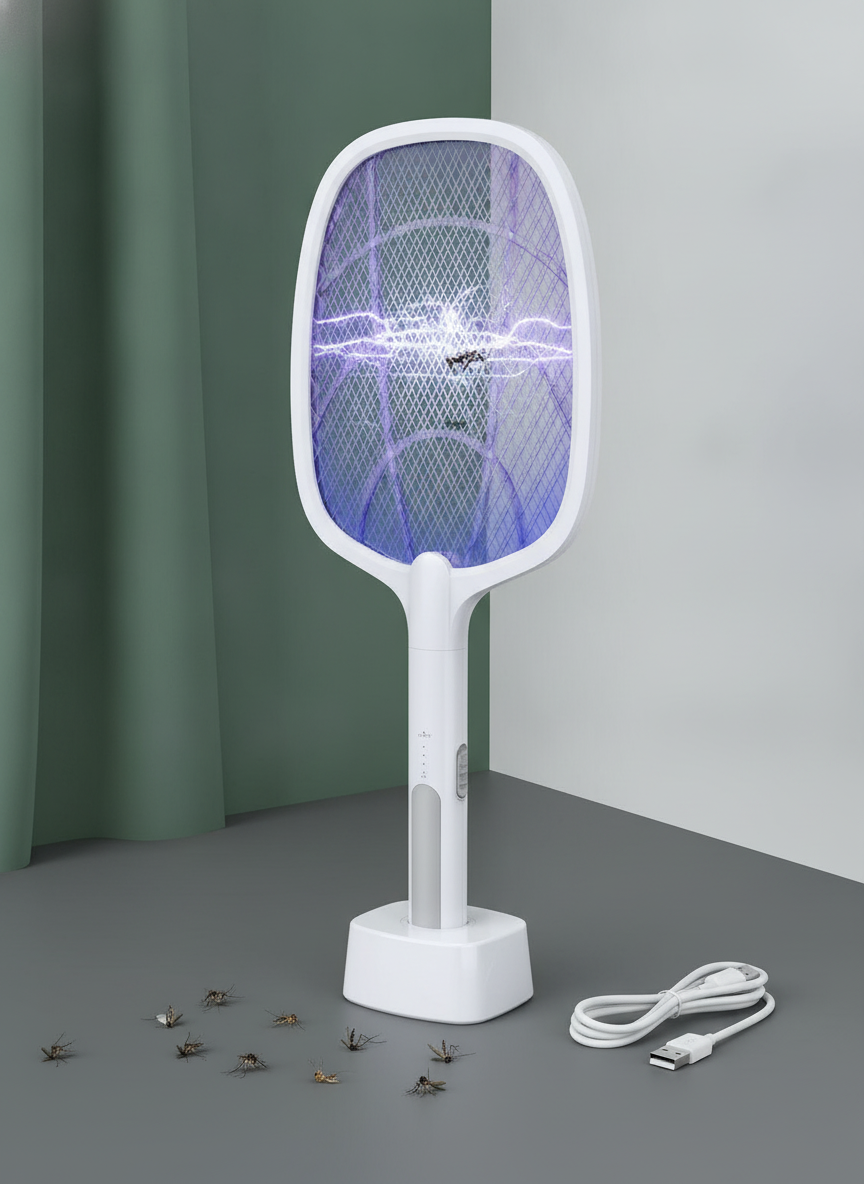 A close-up of an electric rechargeable mosquito killer racket, black and green, against a clean, modern backdrop. The racket 